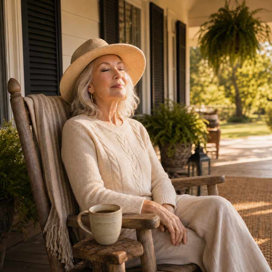 A woman resting on a sunlit porch with a warm cup of coffee