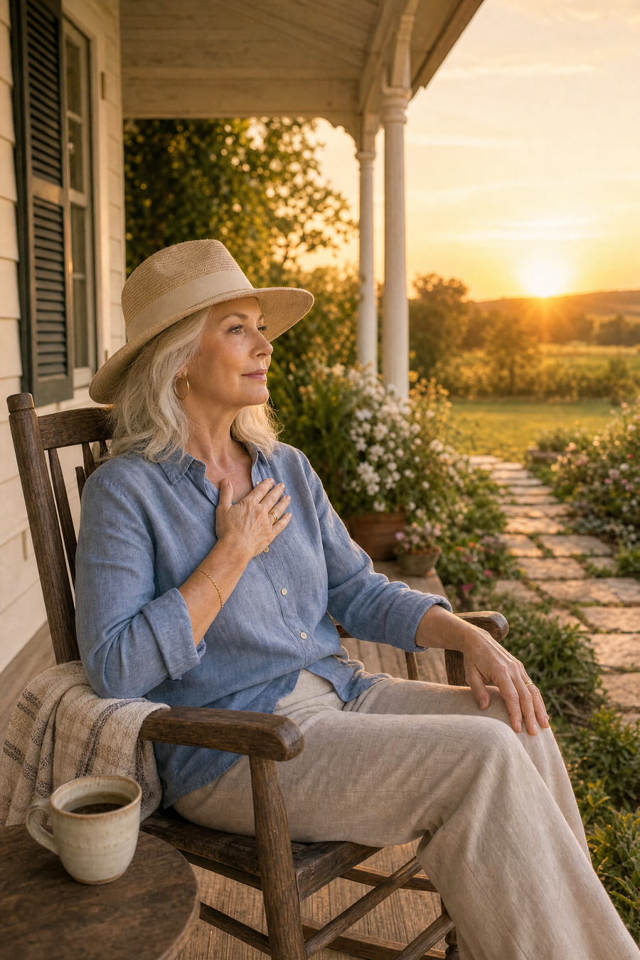 A woman resting her hand on her heart, looking out at the sunset from a porch